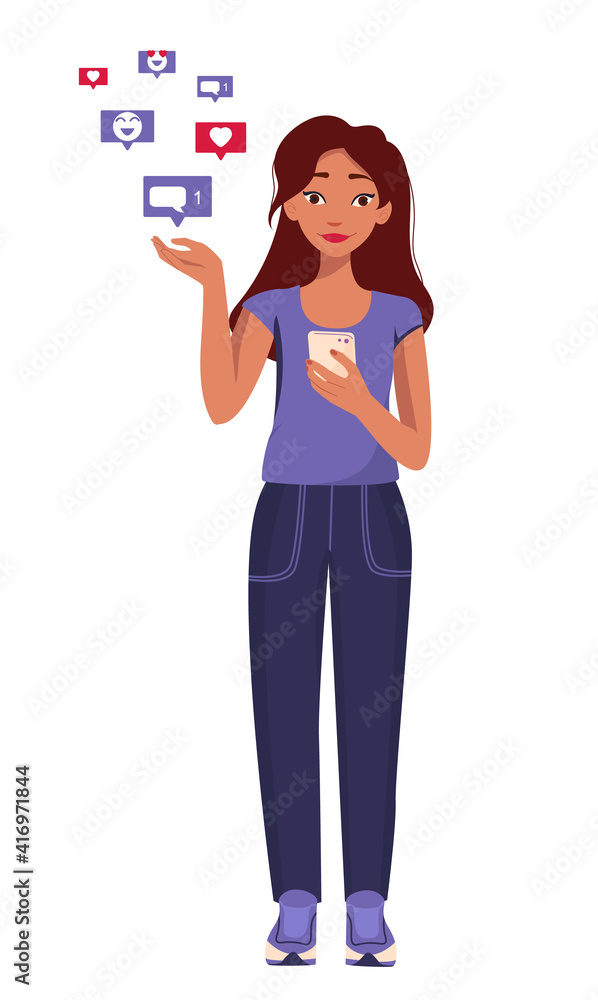 Woman texting with a smartphone, social media icons. Concept vector illustration in flat style. Cute happy girl holding cellphone, using mobile dating application to chat or sending romantic message. Woman texting with a smartphone, social media icons. Concept vector illustration in flat style. Cute happy girl holding cellphone, using mobile dating application to chat or sending romantic message.