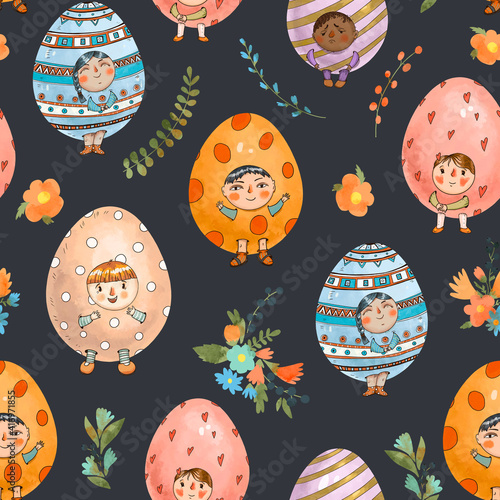 Funny Easter eggs seamless pattern. Cute children characters