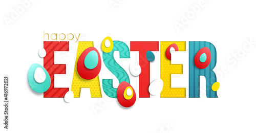 Happy Easter colorful lettering in trendy paper cut style. Vector illustration EPS10