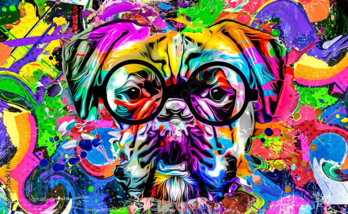 dog head with eyeglasses and creative abstract elements on dark background © reznik_val