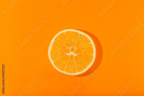 Orange slice against an orange background.