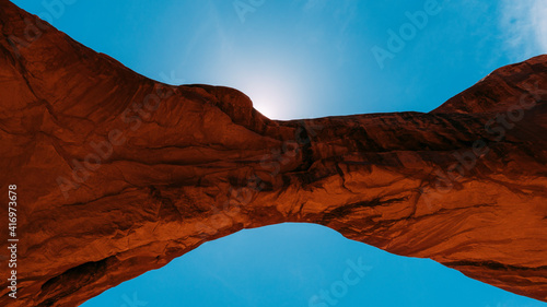 Great stone arch from below at Arches National Park.