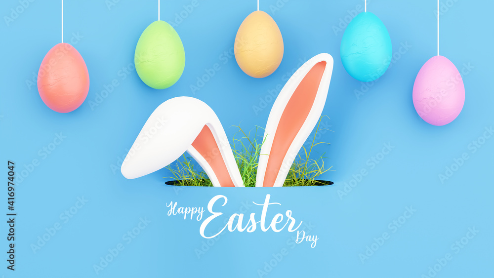 3d render of bunny ear with eggs for happy easter festival