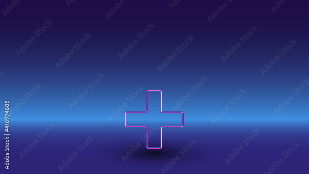Neon plus symbol on a gradient blue background. The isolated symbol is located in the bottom center. Gradient blue with light blue skyline Neon plus symbol on a gradient blue background. The isolated symbol is located in the bottom center. Gradient blue with light blue skyline