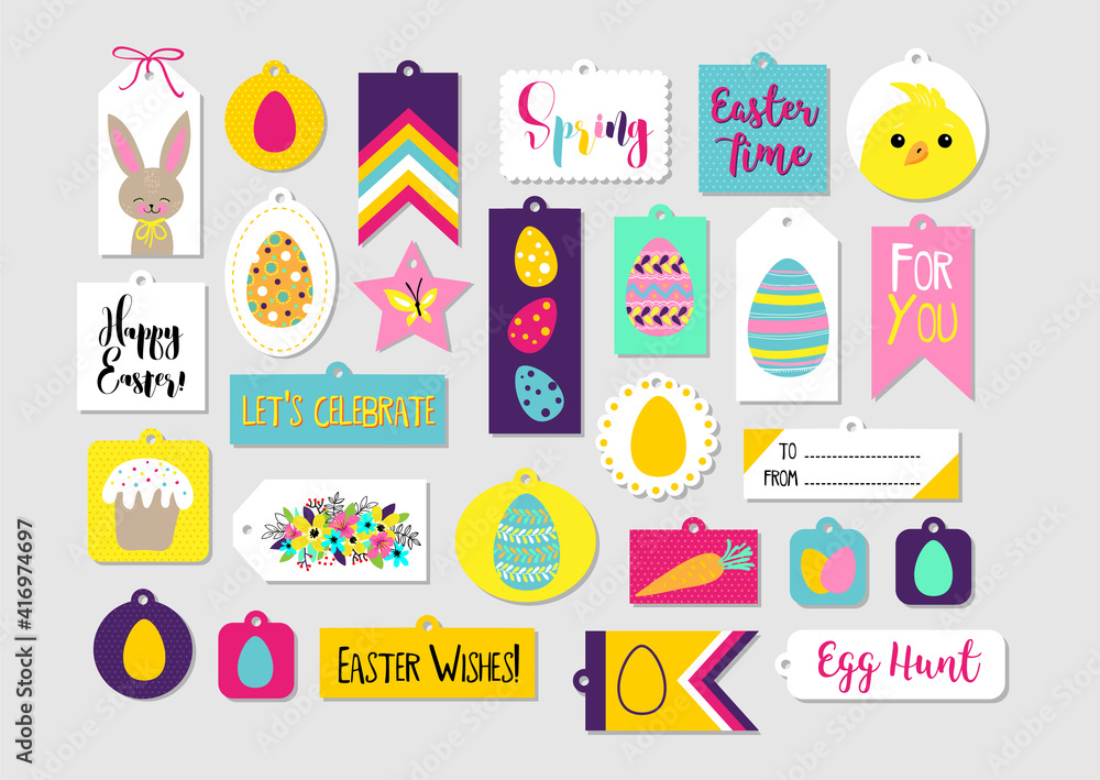 Abstract colorful Easter printable tags, stickers and stamps collection. Vector illustration.
