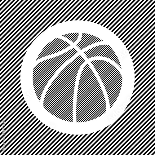 A large basketball symbol in the center as a hatch of black lines on a white circle. Interlaced effect. Seamless pattern with striped black and white diagonal slanted lines