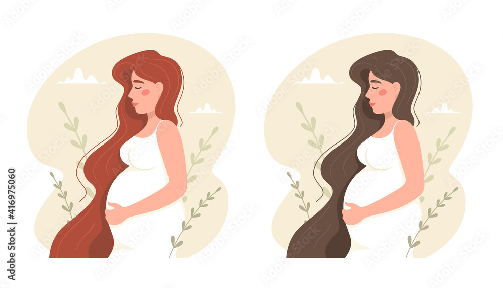 Happy pregnant woman. Redhead and brunette. Vector concept. Happy pregnant woman. Redhead and brunette. Vector concept.