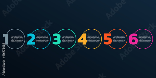 6 steps or options info graphic with numbers and circles. Modern business process design. Timeline infographic, presentation, workflow layout template. Vector illustration.