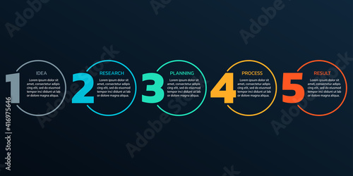 5 steps or options info graphic with numbers and circles. Modern business process design. Timeline infographic, presentation, workflow layout template. Vector illustration.