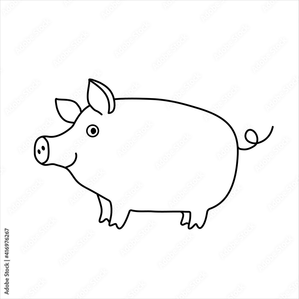 Funny happy pig looking and smiling. Vector hand drawn illustration in doodle style isolated on white background. Funny happy pig looking and smiling. Vector hand drawn illustration in doodle style isolated on white background.