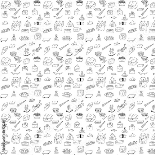Black and white sushi pattern in doodle stile. © aliaross
