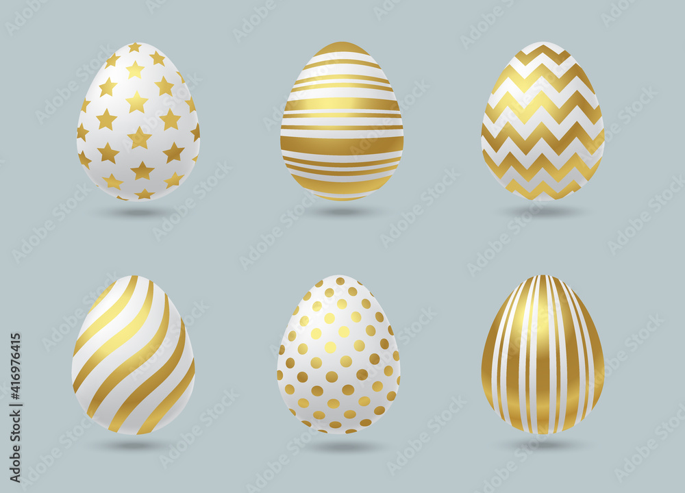 Easter white eggs set. Eggs with Luxury gold ornament. Spring holiday. Realistic vector illustration on blue background. Design elements For greeting card, poster, flyer, web banner, social media.
