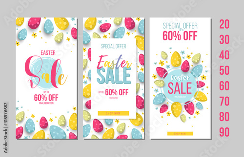 Set of Happy Easter background template with eggs. Happy Easter big hunt or sale banner lettering with colorful eggs. Vector illustration EPS10