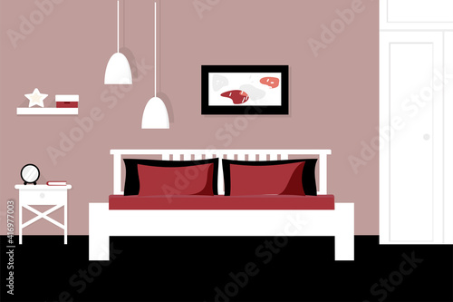 Modern red and black bedroom interior with furniture. The concept of an empty bedroom. Vector flat cartoon graphic design illustration with shadows. Family bedroom.
