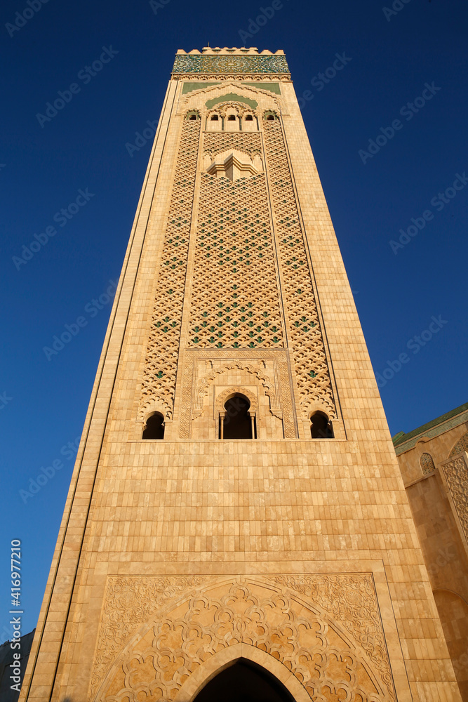 Hassan II mosque minaret, Casablanca, Morocco. 17.10.2019
