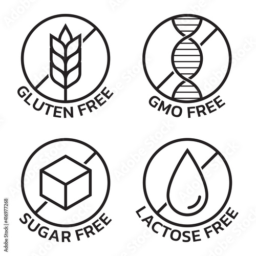 Gluten free, GMO free, sugar free, lactose free icon set. Allergy logos. Product packaging labels. Vector illustration.