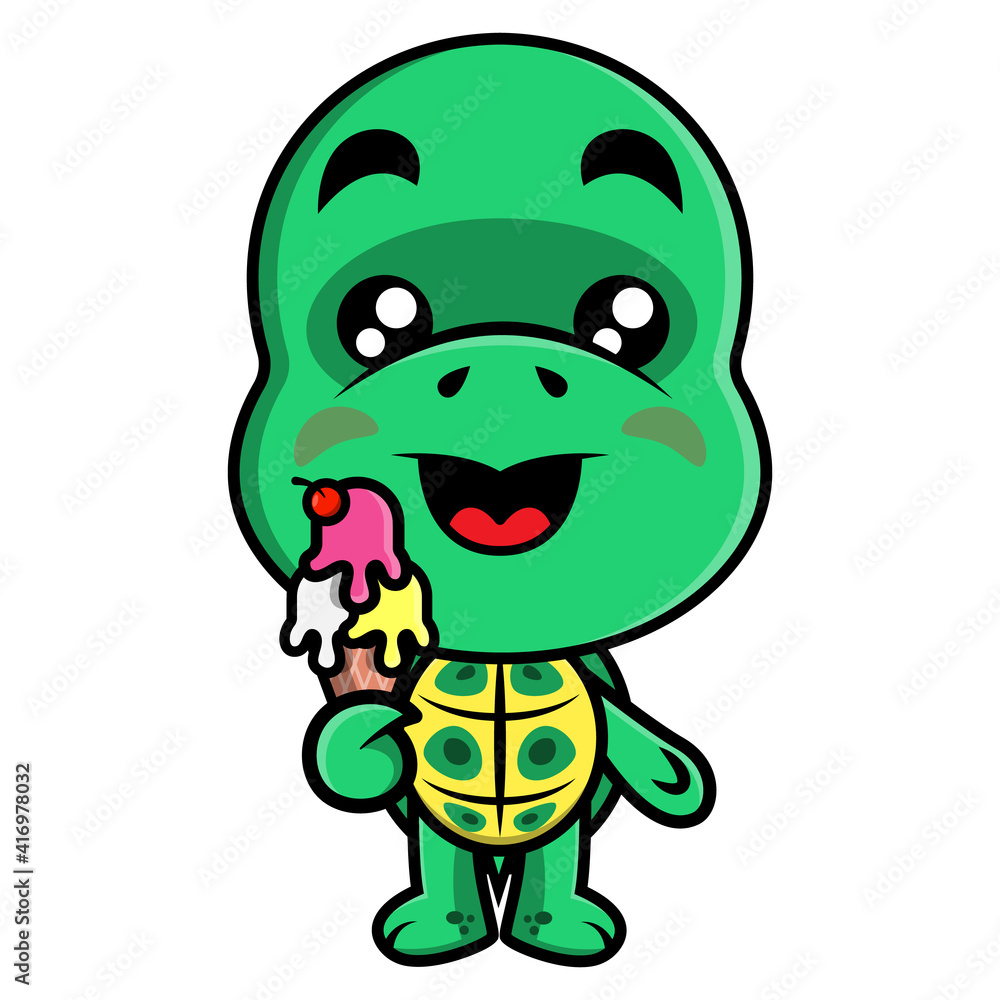 Obraz premium Funny Little Turtle Cartoon Characters eating an ice cream, best for sticker or mascot for ice cream culinary business of children