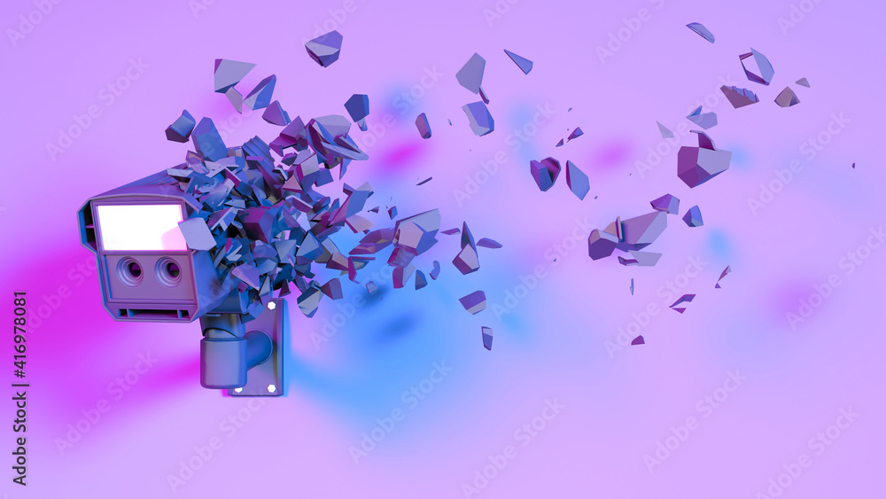 cctv camera in neon purple light falls into pieces cctv camera in neon purple light falls into pieces