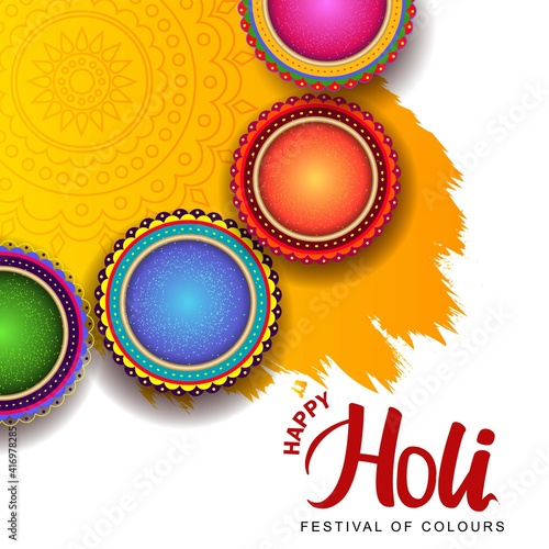 happy holi greetings vector illustration. top view of colorful pots with Holi powder 