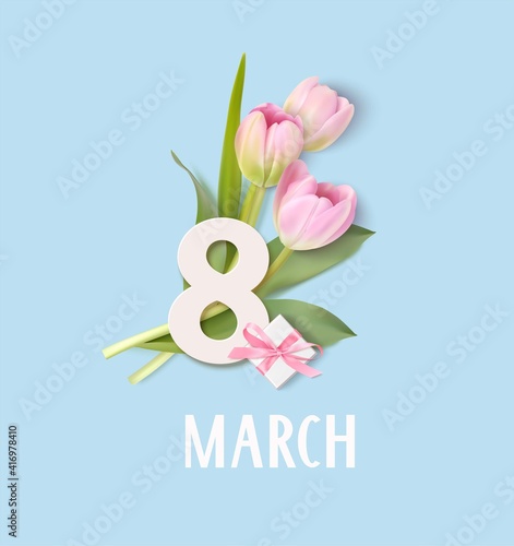 Happy Womens Day. 8 March design template. White number 8 with decorative gift box and pink tulip flowers. Vector illustration	