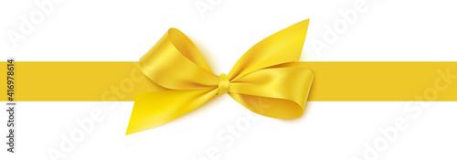 Decorative yellow bow with horizontal yellow ribbon isolated on white background. Vector stock illustration. 