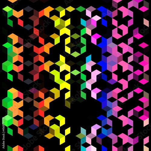 Abstract Hex Cubes geometric pattern in rainbow colors, background wallpaper illustration.