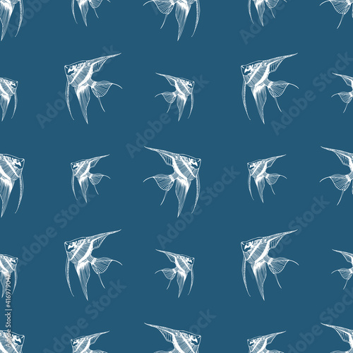 Vector seamless pattern with angelfishes on dark blue background.Delicate design for textile,bed linen, wrapping paper and more