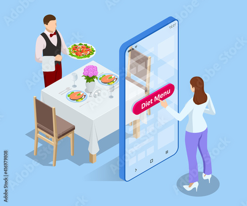 Isometric online order of a dietary menu in a restaurant. A woman chooses a healthy diet in the application on a smartphone.