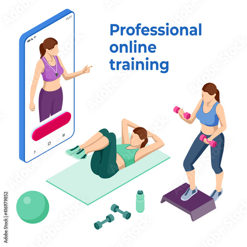 Isometric online fitness and training on smartphone. Distant training with personal trainer. Young fit woman in sportswear watching online video with fitness exercises.