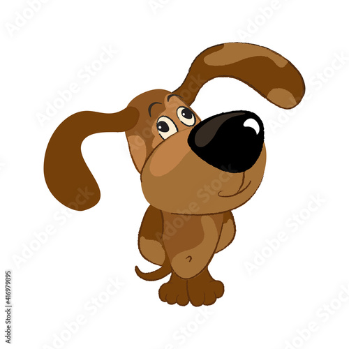 A brown dog character looks up and smiles.
