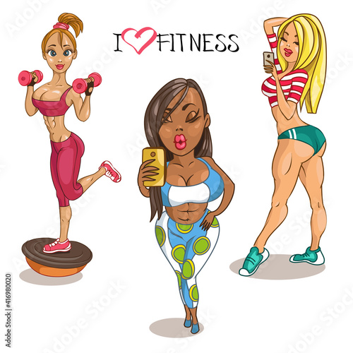 Vector illustration. Cartoon funny cute girl in fitness class taking selfie.