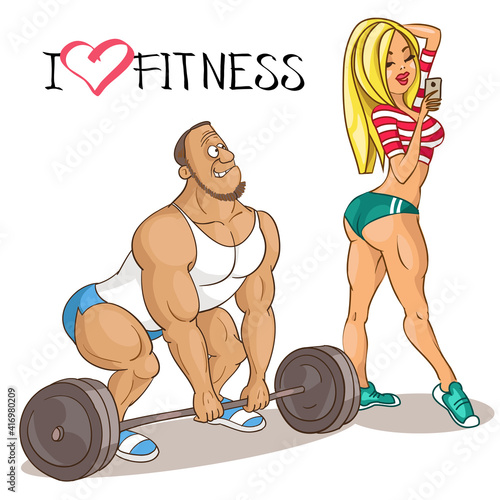 Vector caricature. Cartoon funny illustration. A beautiful woman athlete distracts a man who is engaged with a barbell. The concept of an attractive sporty appearance. Motivation for sports.