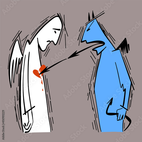 Vector illustration of philosophy. A metaphor for the psychological destruction of a person, her self-esteem with evil words. Psychology concept.