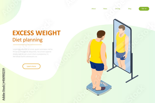 Isometric Healthy food and Diet planning. Fat man looks with a mirror and introduces herself slender, the dream of losing weight