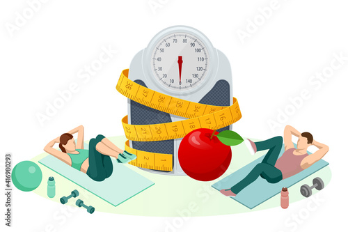 Personal diet and fitness. Isometric Healthy food and Diet planning concept. Healthy eating, personal diet or nutrition plan from dieting expert. Nutrition consulting, diet plan. Excess weight