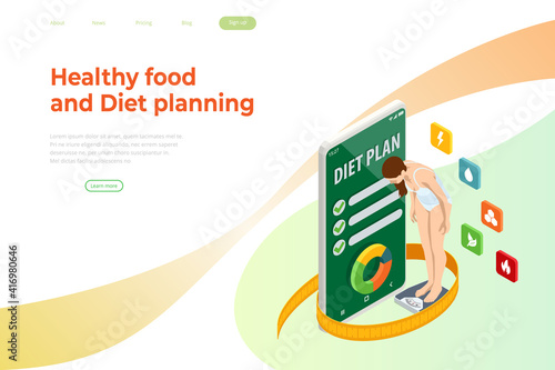 Isometric Healthy food and Diet planning concept. Healthy eating, personal diet or nutrition plan from dieting expert. Nutrition consulting, diet plan