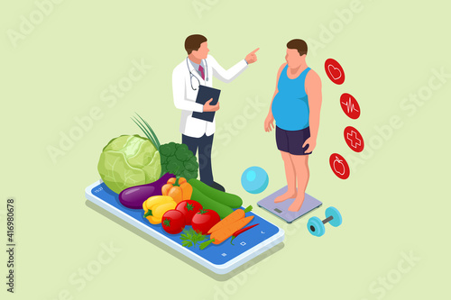 Isometric Healthy food and Diet planning concept. Doctor s consultation for an overweight patient. Health risk, obesity. Doctor s recommendations. Sport.