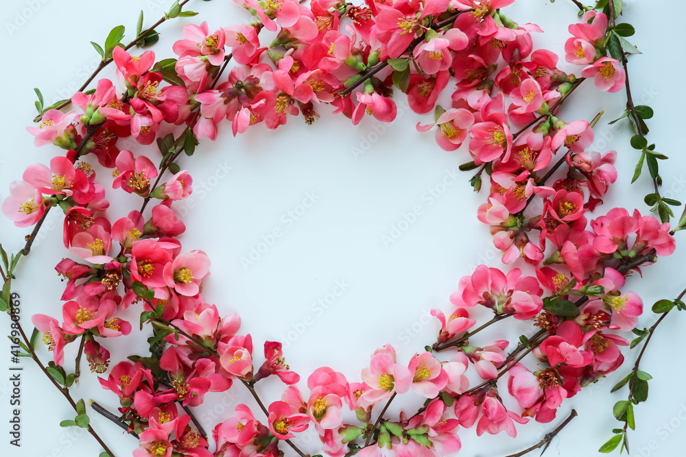 postcard mockup. spring flowers. flowering branches on a white background, envelope and white blank for text 