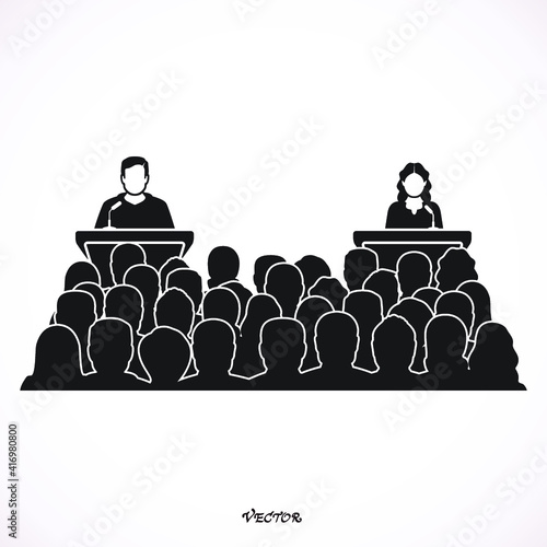 Speaker woman and man at conference and presentation. Audience at the conference hall
