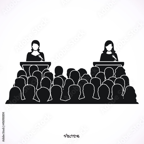 Silhouette illustration of two woman figure debating on podium