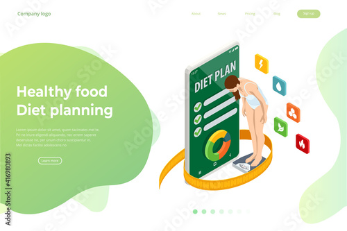 Isometric Healthy food and Diet planning concept. Healthy eating, personal diet or nutrition plan from dieting expert. Nutrition consulting, diet plan