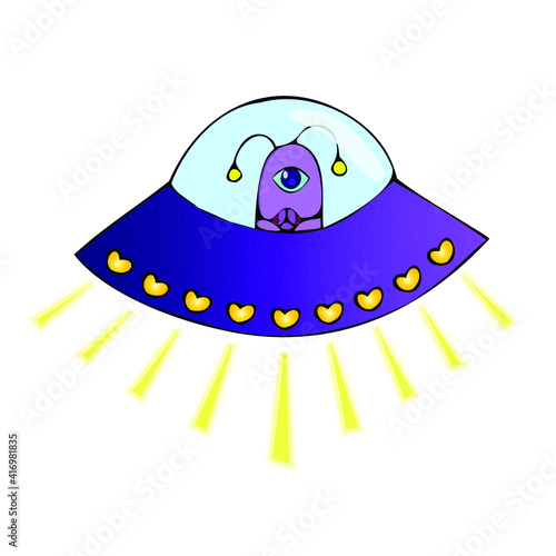 Cartoon character alien girl, girlish UFO with hearts and spotlights, an unknown creature with one eye, cyclops. Color sticker, illustration for books, comics. Vector image on white background, isolat