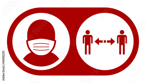 Wear a Face Mask and Keep Your Distance Instruction Icon. Vector Image.