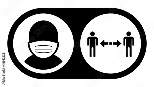 Wear a Face Mask and Keep Your Distance Instruction Icon. Vector Image.