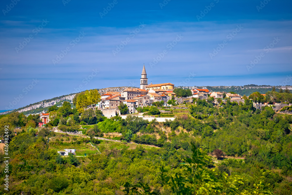 Buzet. Hill town of Buzet surrounded by stone walls in green landscape view