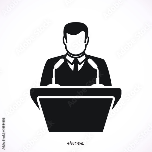 speaker black icon. orator speaking from tribune vector illustration