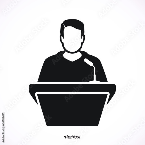 speaker black icon. orator speaking from tribune vector illustration