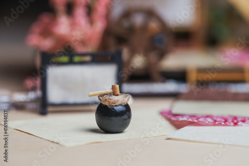 A wooden hammer in a Japanese house. Roomboxes and miniatures. Creator's Kit. Macro photo.