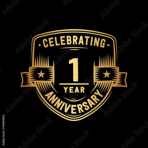 1 year anniversary celebration shield design template. Vector and illustration.