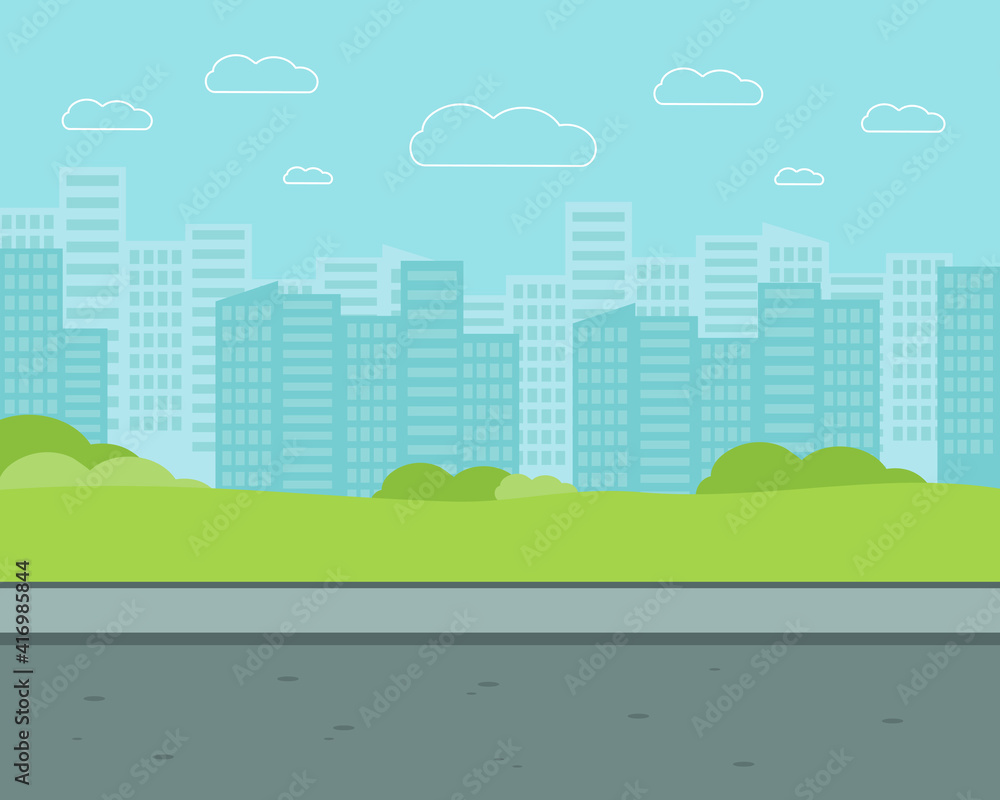 City street with high-rise buildings. Park flat vector illustration